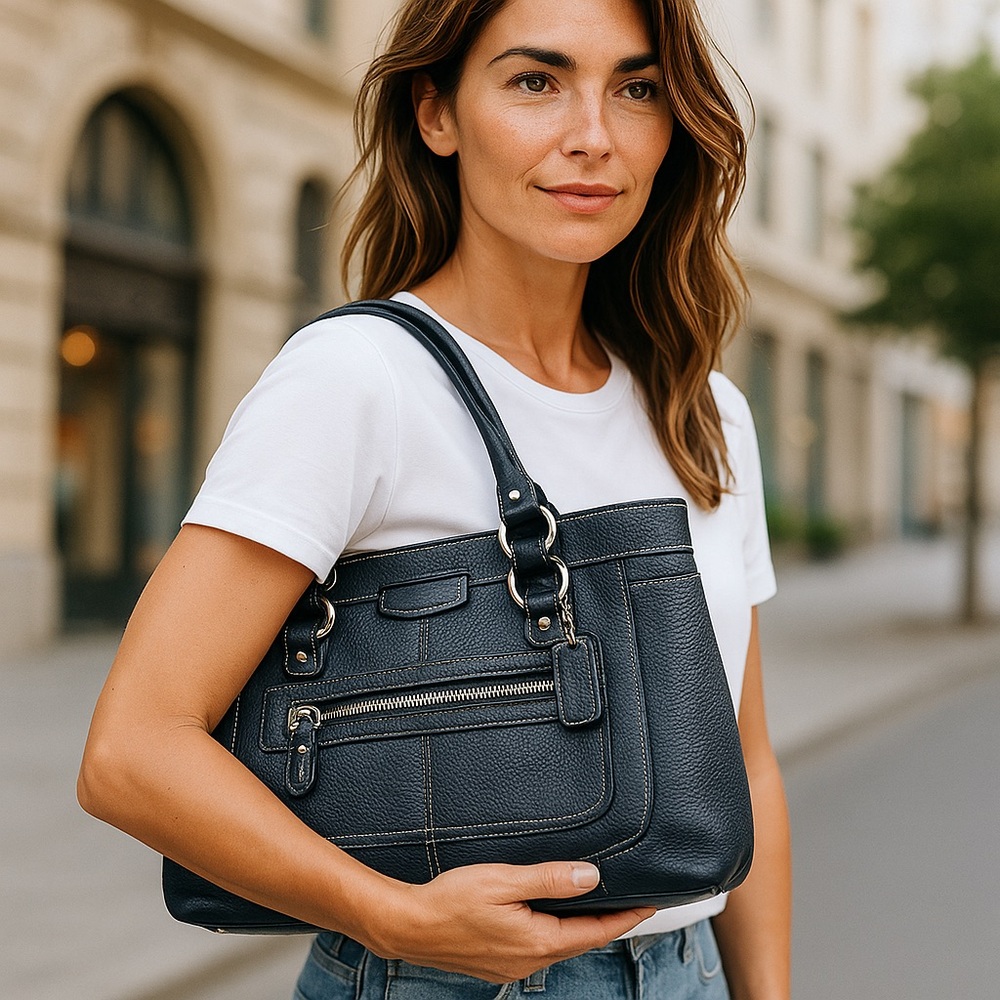 Coach Penelope Shoulder Bag  Elegant Navy Blue Leather Tote Bag
